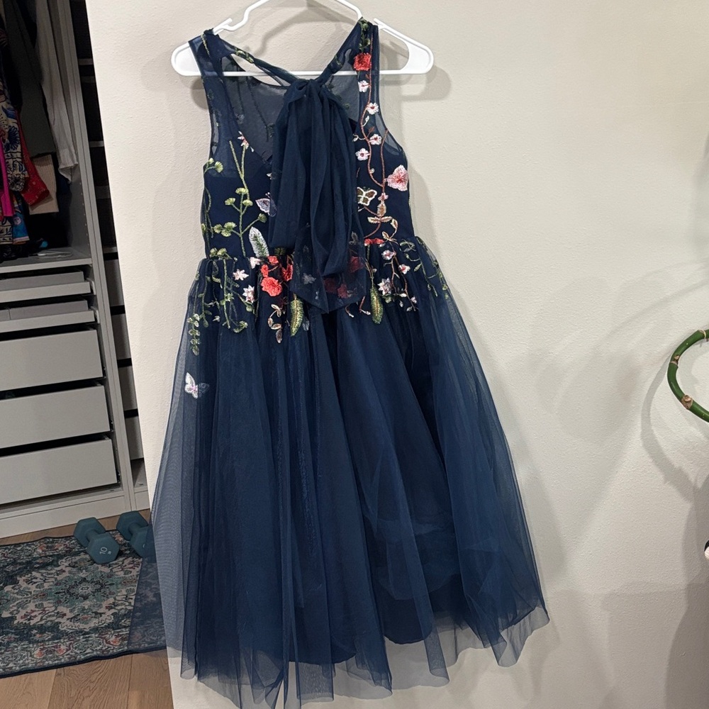 Floral Embroidered Navy Blue Kids Dress - Picture 2 of 4